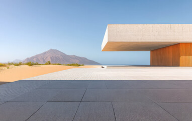 Modern architectural design set against a stunning desert landscape with mountains