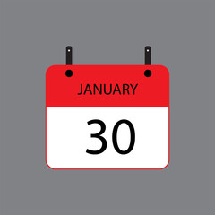 Calendar icon with January 30 date on grey background. Vector schedule symbol.