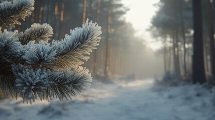Frosty Pine Branch Winter Forest Path Scene