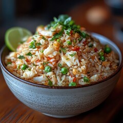 a sumptuous bowl of the most tastiest shrimp fried rice loaded with fresh raw ingredients, a slice...