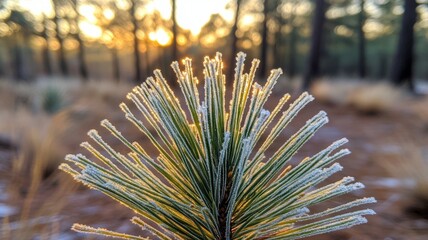 Frosty Pine Needles Glowing In Sunrise Light