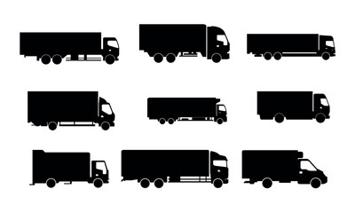 Black Silhouette Set of Different Types of Trucks Isolated on White Background