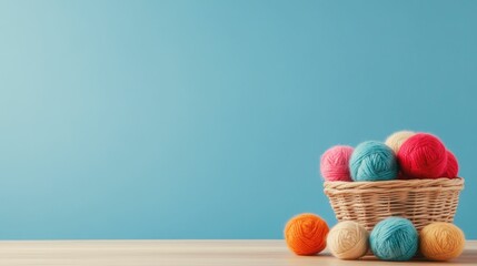 Colorful yarn balls in a wicker basket on a wooden table against a blue background.