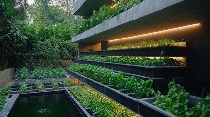 The vertical farm in the basement of the apartment building grows vegetables such as chili peppers and leafy greens. The skylight creates a sustainable and harmonious agricultural environment.