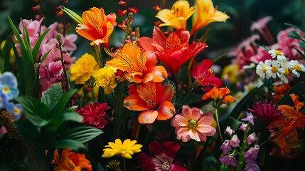 close-up of a vibrant flower arrangement. showcasing a plethora of colors and textures.