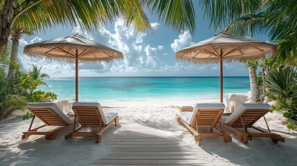 Idyllic tropical beach scene with lounge chairs and umbrellas.