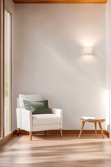 Minimalist lounge area featuring a cozy armchair and a side table in a light-filled space