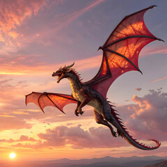 realistic dragon in sunset