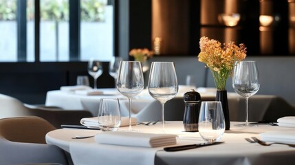 Minimalist indoor dining table with sleek tableware
