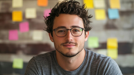 Fototapeta premium Young Man With Glasses Posing Against Colorful Notes