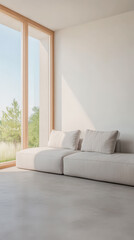 Minimalist living room with large windows and natural light during the day in a modern home
