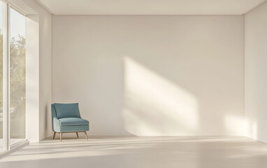Bright and airy modern room with a single blue chair and ample natural light