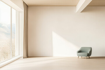 Interior of a modern room with a single chair and large window letting in natural light