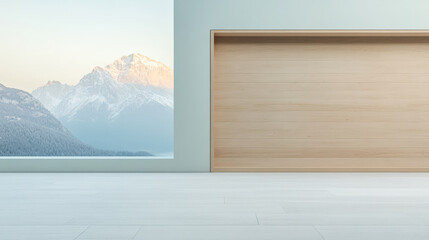 Modern minimalist interior with mountain view at sunrise in a serene setting