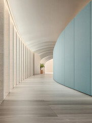 Modern corridor design featuring soft curves and natural lighting in a serene interior space