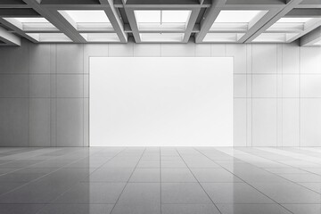 Bright minimalist gallery interior featuring a large empty white wall, reflective tiled floor, and modern ceiling design. Concept of art exhibition space. Ai generative