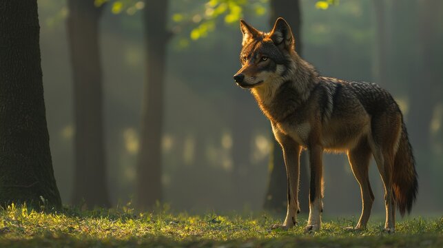 Majestic red wolf standing in a sunlit forest clearing, alert and watchful.
