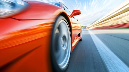 Red sports car racing at high speed on a drag strip, showcasing the thrill of competition and the pursuit of performance excellence