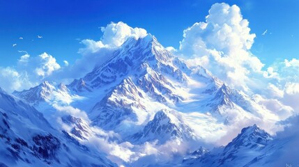 Obraz premium Majestic snow-capped mountain peak piercing through fluffy white clouds under a vibrant blue sky.