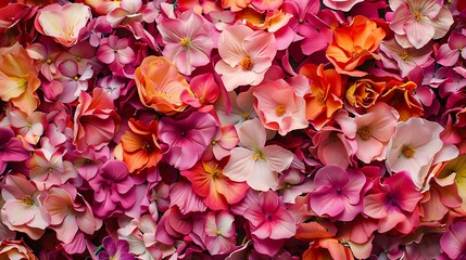 Close-up view of a dense collection of artificial flowers in varying shades of pink, orange, and peach. The image is rich in texture and color.