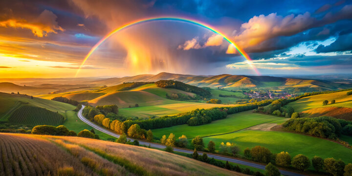 stunning rural landscape with vibrant rainbow arching over rolling hills
