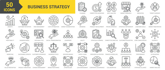 Business Strategy icon collection set. Containing project plan, competitive advantage, swot analysis, market research, business innovation, target audience, profitability  icon. Simple line vector