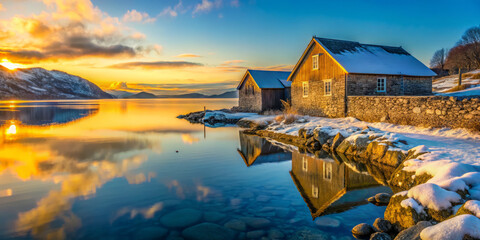 serene winter landscape featuring stone walled farm by calm lake, reflecting sunset