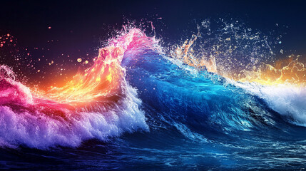 Fototapeta premium Sunset over the Ocean with a Large Breaking Wave, Colorful Tsunami beside the beach without humans by sunset evening