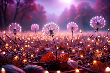 magical field of glowing dandelions surrounded by autumn leaves