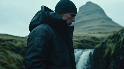 Man in black parka jacket, beanie, standing near waterfall and mountain.