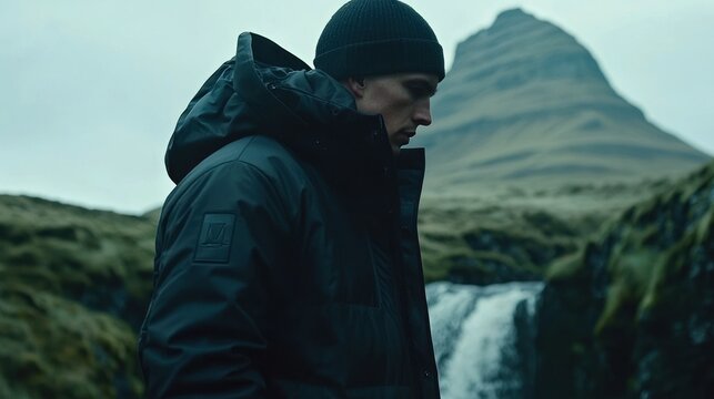 Man in black parka jacket, beanie, standing near waterfall and mountain.