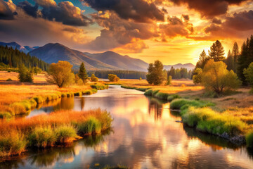 Obraz premium serene riverside meadow bathed in soft hues at sunset, reflecting nature beauty
