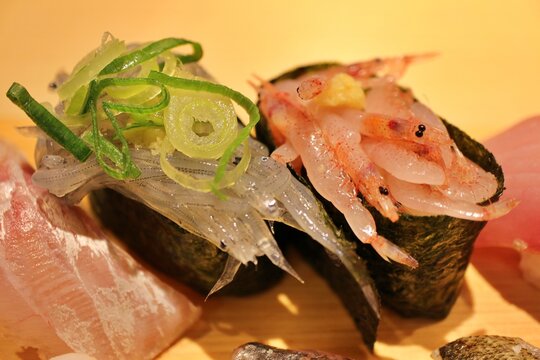 Japanese cuisine: raw whitebait and sakura shrimp nigiri-zushi in Numazu, Japan