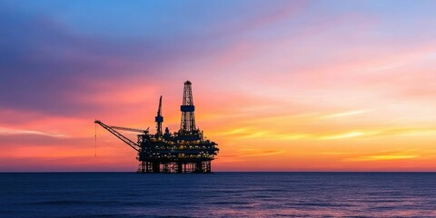 Offshore oil rig at sunset, ocean platform silhouette against vibrant sky.