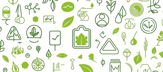 A pattern of green line art illustrations representing various eco-friendly symbols, environment , earth day concept
