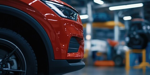 Close-up of a red car's front end in a blurry auto repair shop.