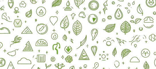A pattern of green line art illustrations representing various eco-friendly symbols, environment , earth day concept