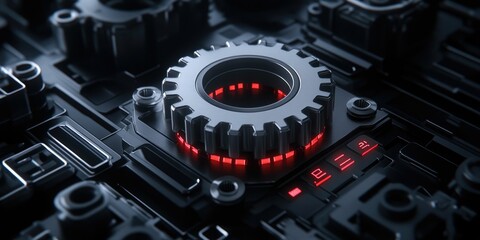Fototapeta premium Close-up of a metallic gear with red LED lights embedded in a complex technological system.
