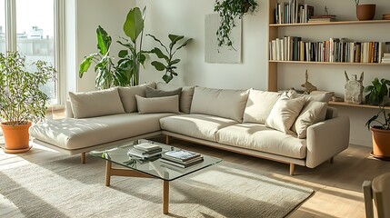 Modern living room with beige sectional sofa, glass coffee table, bookshelves, and plants.
