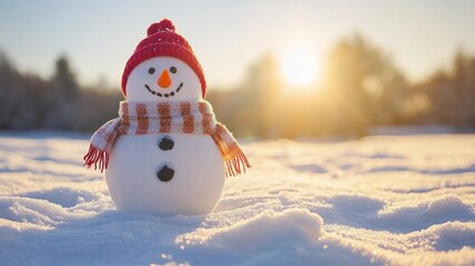 Obraz premium Happy Snowman In Winter Sunset Scene