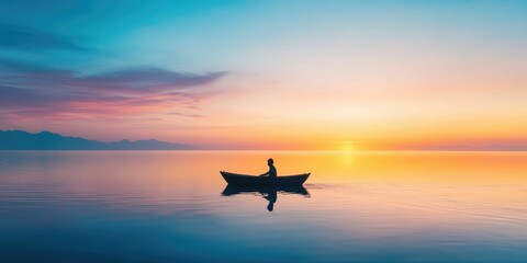 Solitary figure in a small boat at sunrise on a calm lake.