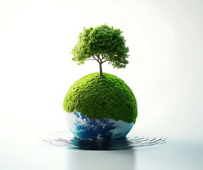 A small planet Earth made of green moss and water, earth day concept
