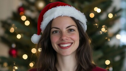 Woman smiling in a Santa hat with a Christmas tree background.