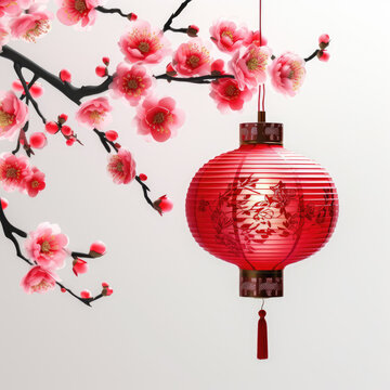 generated illustration of decorated chinese latern with cherry blossom isolated white