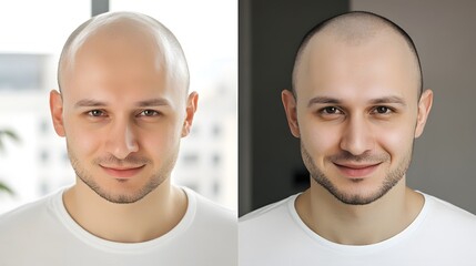 Before and after views of successful hair restoration treatment. Transformation showcasing renewed confidence and improved appearance through advanced medical solutions