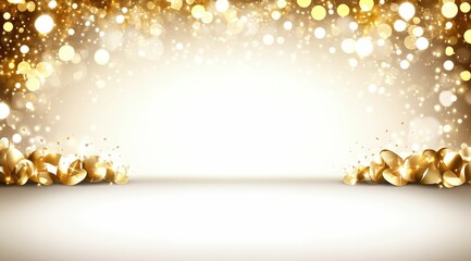 Sparkling gold hearts on a white background with bokeh lights.