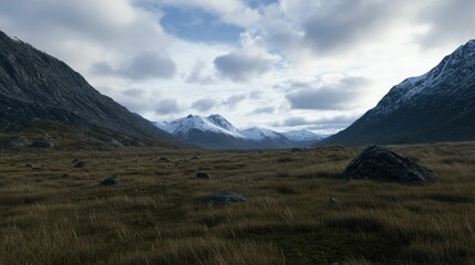 Serene valley landscape with snow-capped mountains under a cloudy sky, featuring a flat grassy field with scattered rocks.