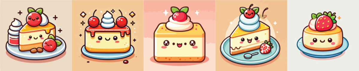 Collection of cute animated fruit cake vectors
