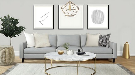 Modern living room interior design with gray sofa, marble coffee table, geometric art, and gold accents.