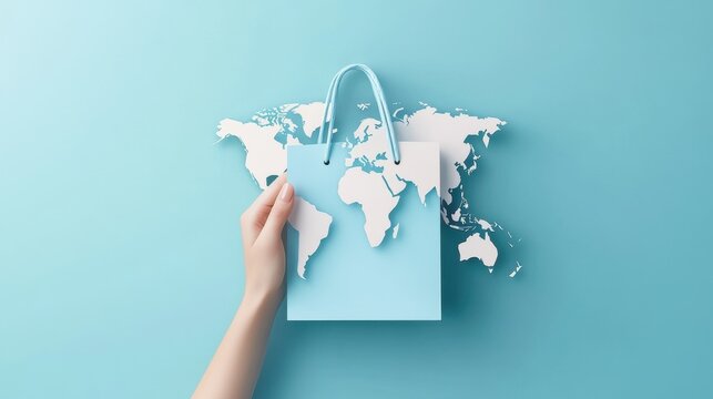 Global E-commerce Shopping Bag Concept: Worldwide Online Retail and Hand Holding a Shopping Bag with World Map